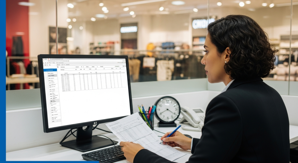 Foto realista de um profissional de departamento pessoal analisando relatórios de ponto em um computador, com uma loja de varejo visível ao fundo através de uma divisória de vidro. Sem textos ou gráficos na tela.