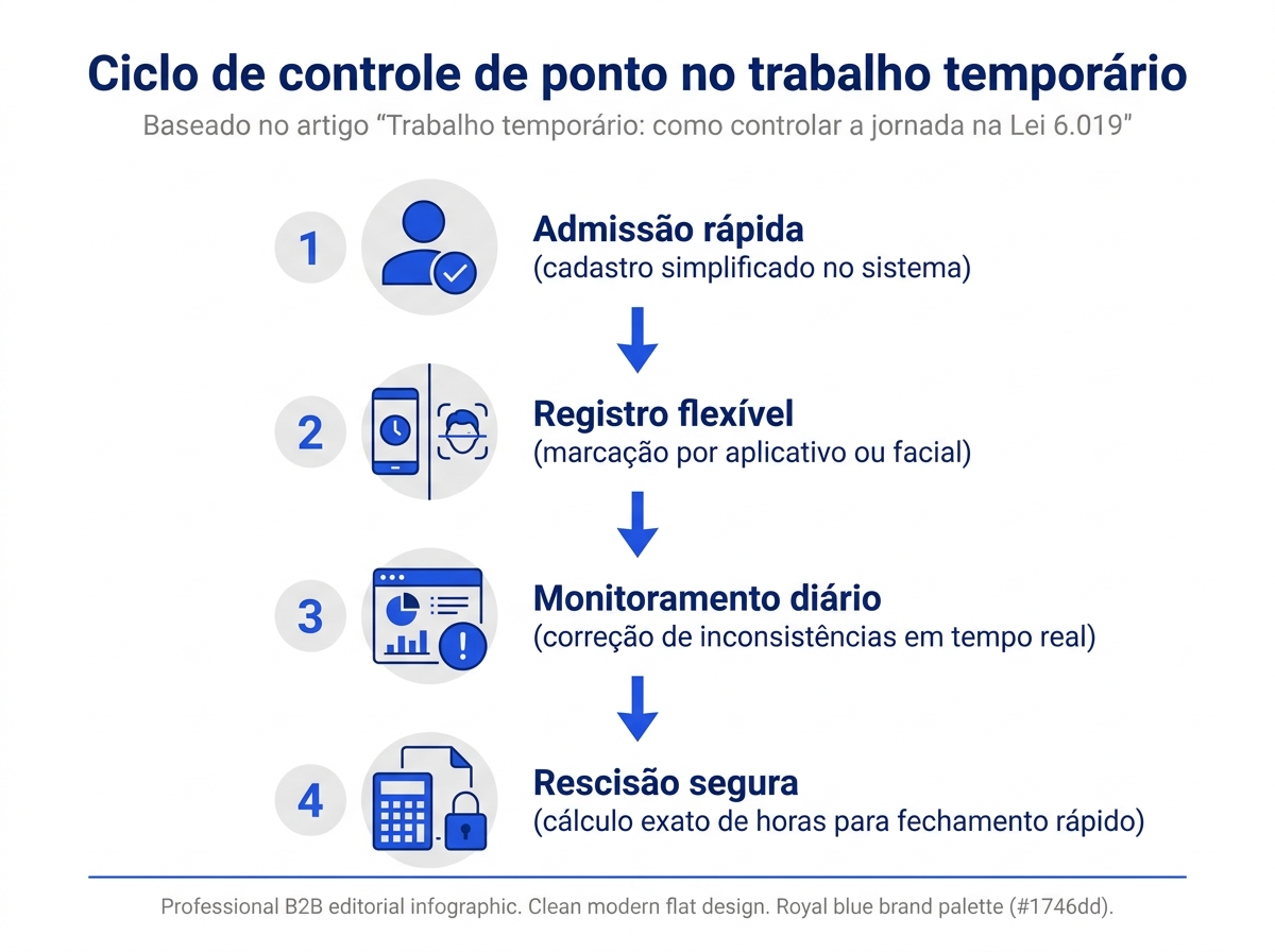 Infográfico mostrando as quatro etapas do ciclo de controle de ponto no trabalho temporário