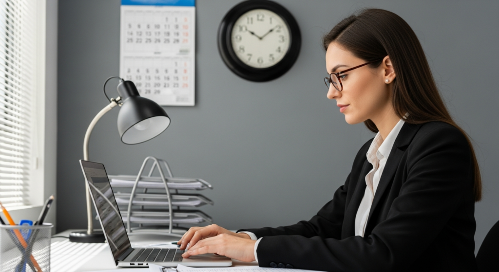 Uma profissional de recursos humanos focada, analisando dados em um notebook moderno em seu escritório organizado. Ao fundo, um calendário de parede com marcações discretas e um relógio analógico elegante, simbolizando o controle de prazos e a gestão do tempo de contratos temporários. Foto realista, iluminação natural de escritório, sem textos ou gráficos na tela.