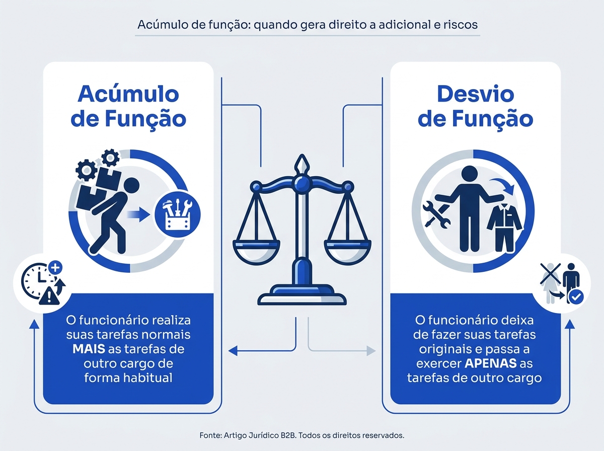 Infográfico comparativo entre acúmulo de função e desvio de função.