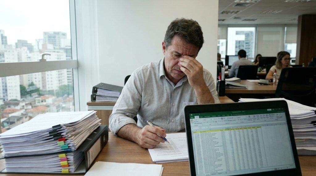 Empresário analisando contratos de trabalho para evitar o acúmulo de função na empresa.