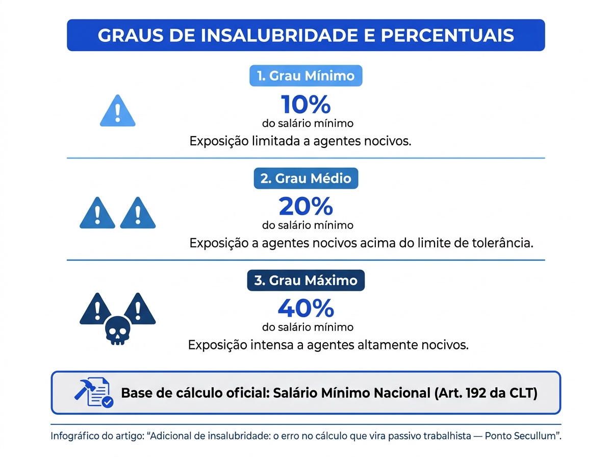 Infográfico mostrando os graus de insalubridade de 10%, 20% e 40% sobre o salário mínimo.