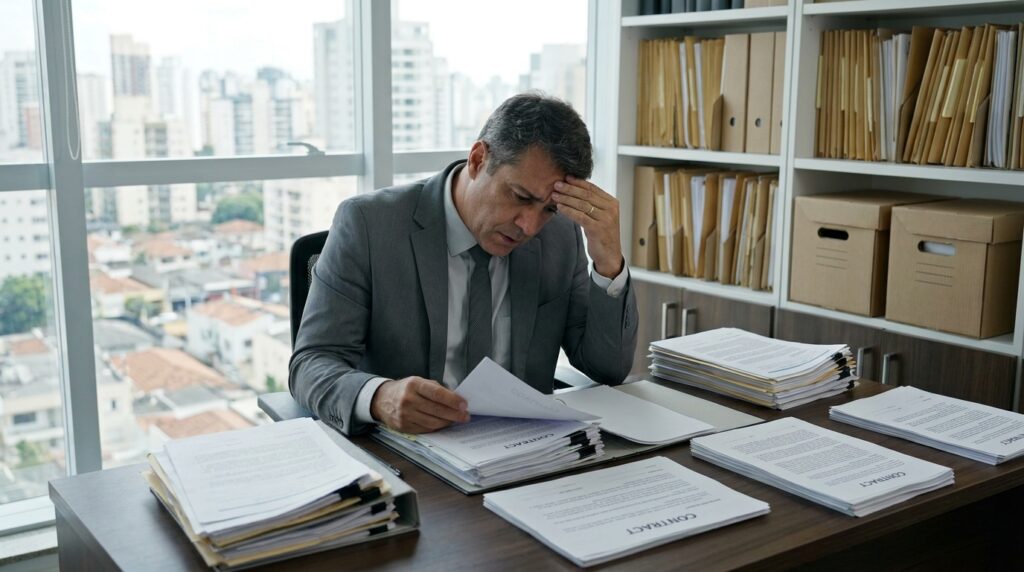Empresário analisando contratos para entender as regras do adicional de transferência e evitar riscos.