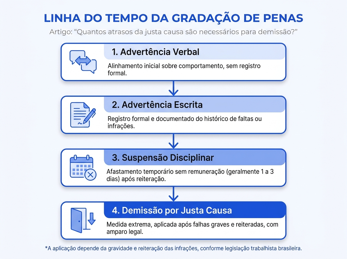 Infográfico mostrando a gradação de penas antes de aplicar a justa causa por atrasos.