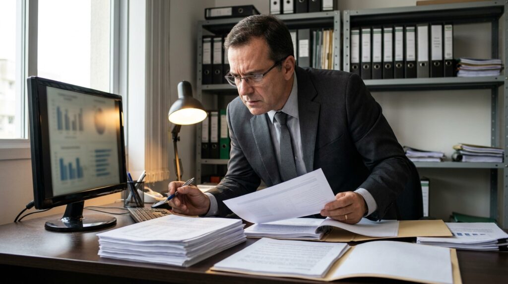 Empresário analisa relatórios de jornada para entender as regras de atrasos da justa causa.