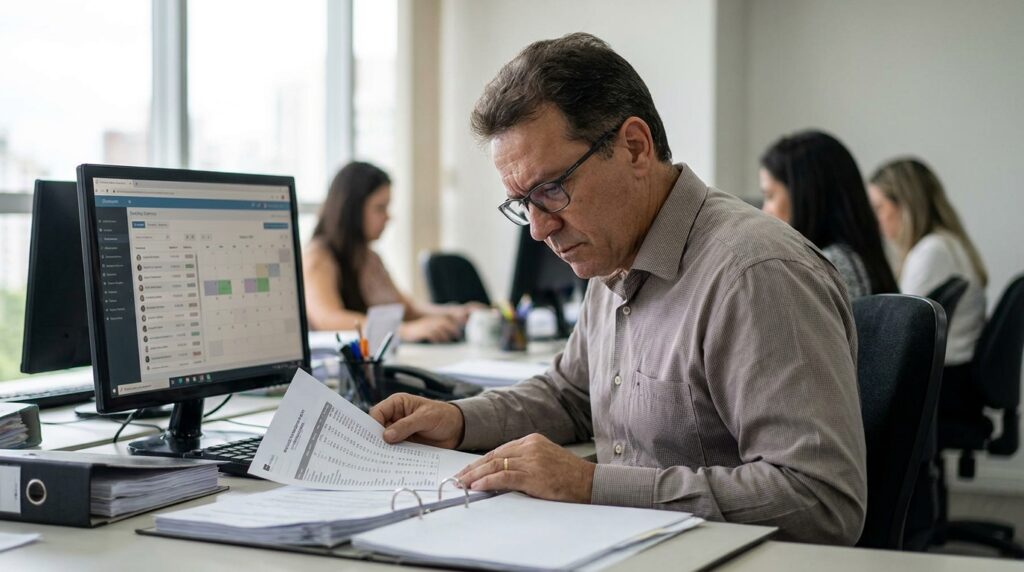 Empresário analisa relatórios de jornada para garantir conformidade no aviso prévio trabalhado.