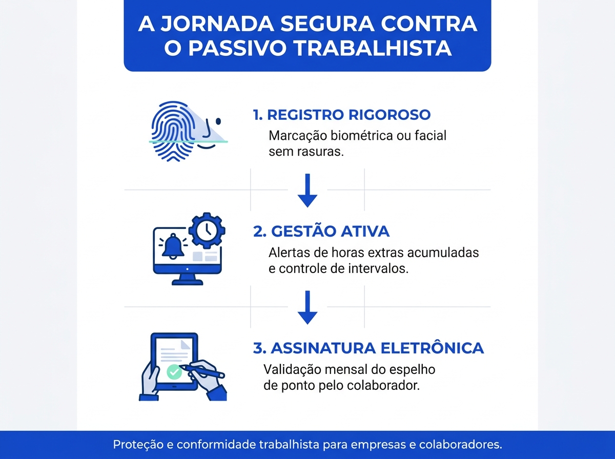 Infográfico detalhando o fluxo de proteção jurídica contra processos de burnout usando o registro de ponto.