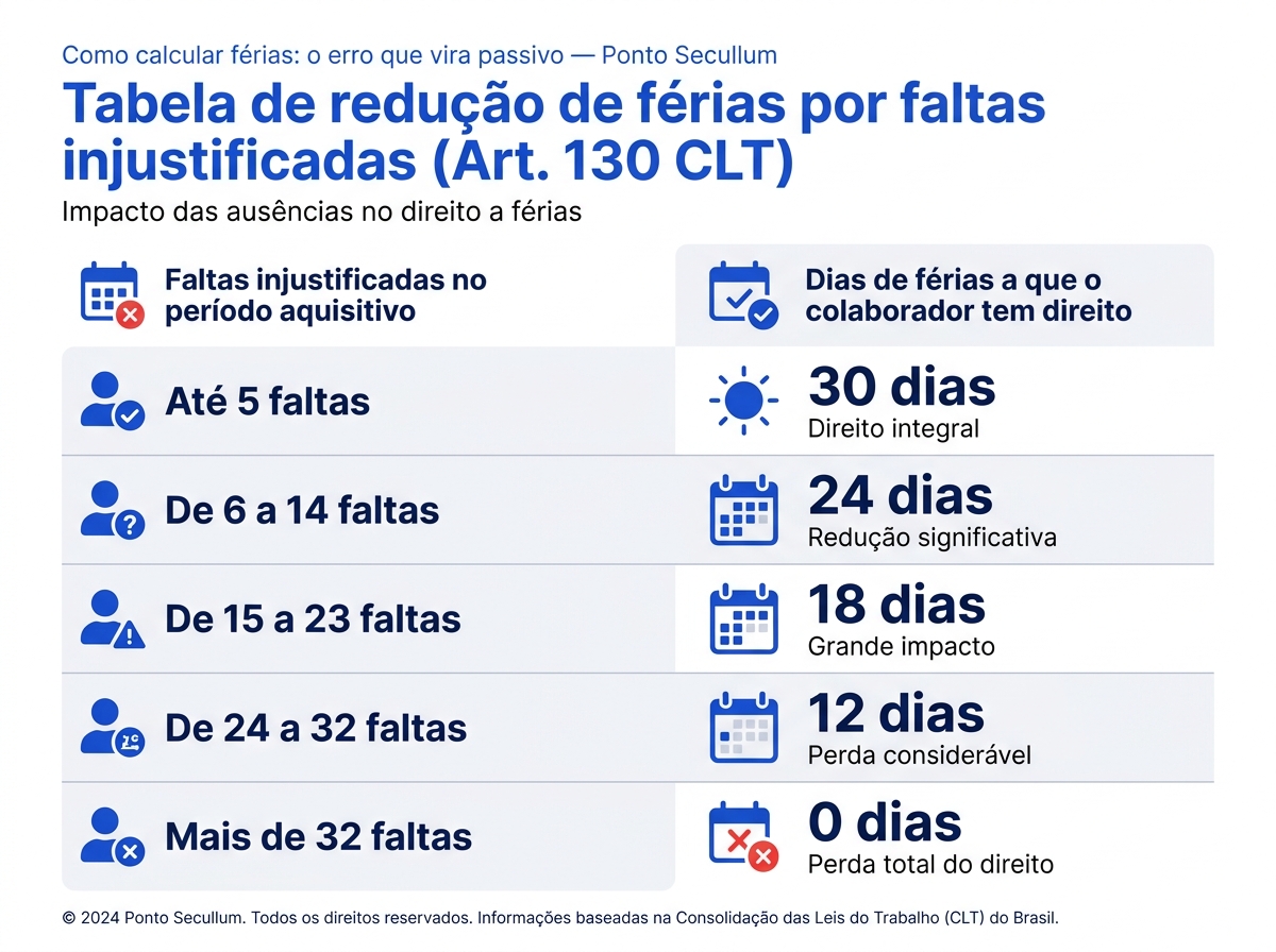 Infográfico mostrando a relação de faltas injustificadas e dias de direito a férias segundo o Artigo 130 da CLT.
