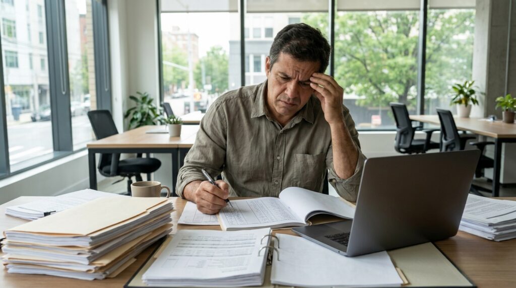 Foto realista de um empresário preocupado em sua mesa de escritório, analisando relatórios de ausências e planilhas de papel acumuladas, com expressão de quem busca uma solução para a produtividade da equipe. Ambiente corporativo moderno de uma PME brasileira, iluminação natural. Sem textos ou gráficos na tela.