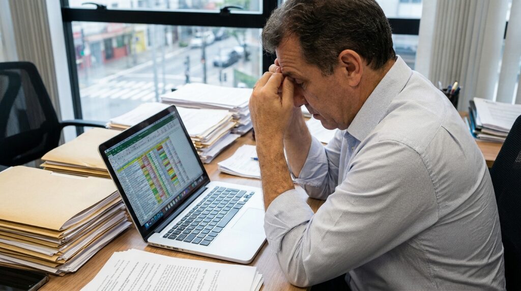 Empresário preocupado analisando planilha de controle de férias no Excel no notebook.