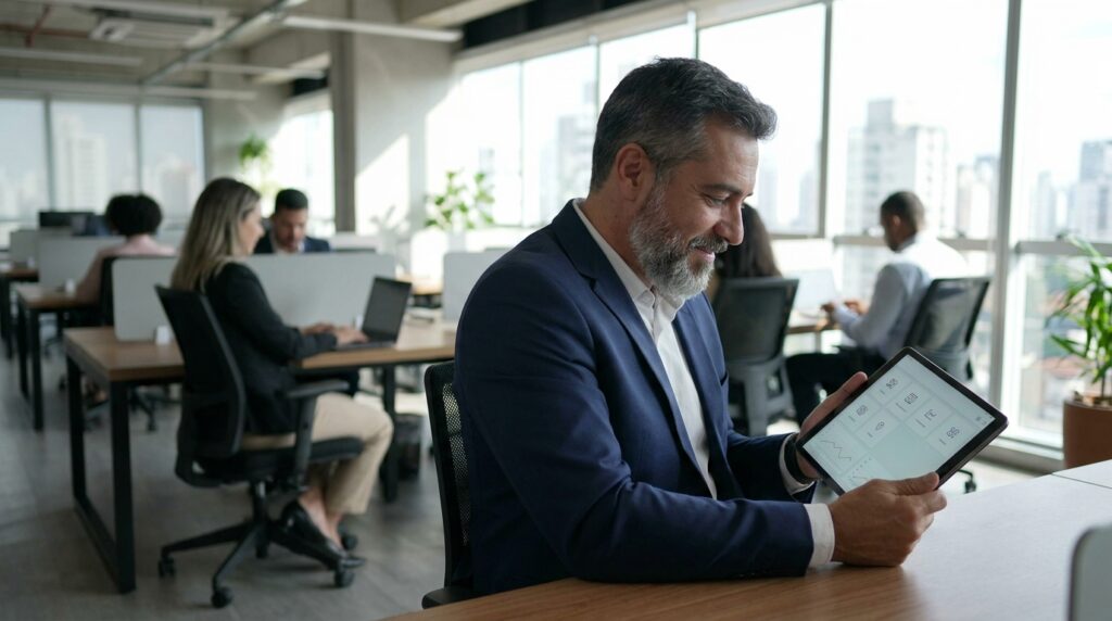 Foto realista de um empresário em seu escritório analisando relatórios de jornada em um tablet, com expressão de tranquilidade e segurança. Ao fundo, um ambiente corporativo moderno e organizado, sem textos ou gráficos na tela.