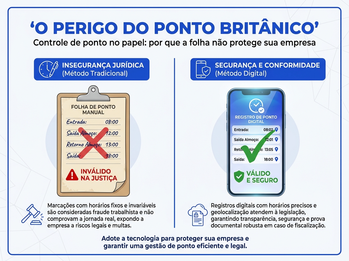 Infográfico comparando o ponto britânico inválido no papel com o registro real e seguro no sistema digital.