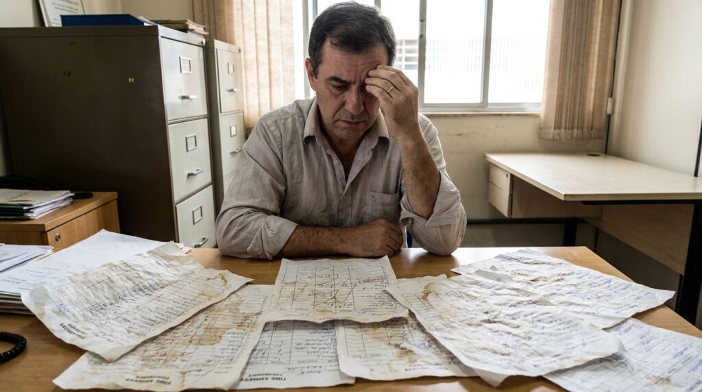 Foto realista de um empresário preocupado em sua mesa de escritório, analisando uma pilha de folhas de ponto de papel rasuradas e com anotações manuais, expressando cansaço e preocupação com a segurança jurídica do negócio. Ambiente corporativo de pequena empresa ao fundo, iluminação natural de escritório. Sem textos ou gráficos na imagem. Alt: Empresário preocupado analisando folhas de controle de ponto no papel rasuradas sobre a mesa.