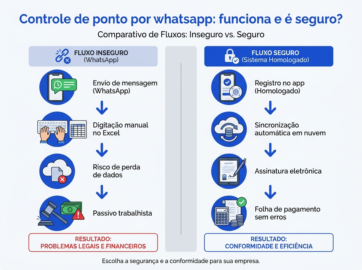 Infográfico comparativo entre o fluxo de ponto inseguro por WhatsApp e o fluxo automatizado e seguro por sistema homologado.