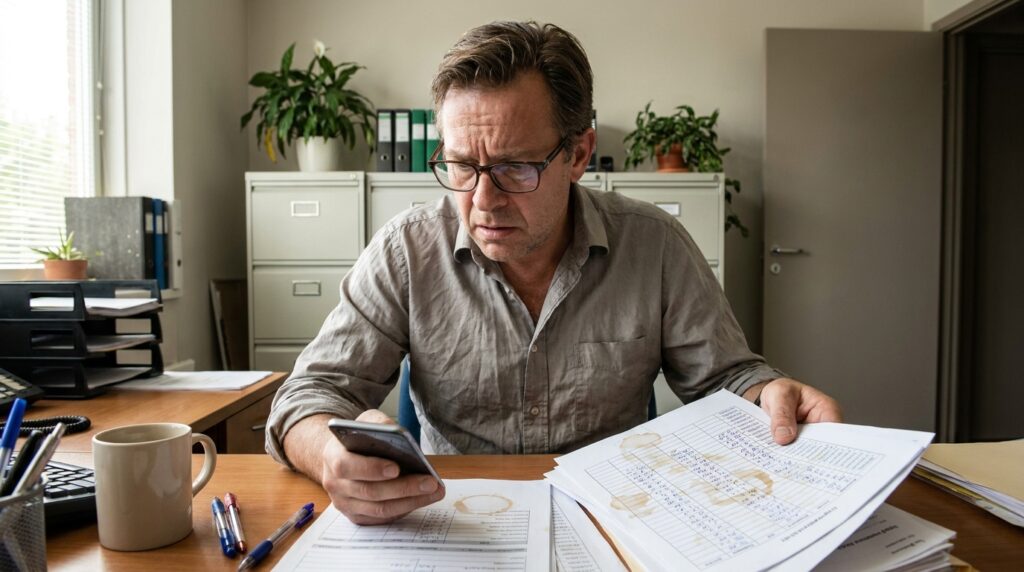 Foto realista de um empresário preocupado em seu escritório, analisando mensagens de texto em um smartphone enquanto segura uma planilha impressa com anotações manuais de horários. O ambiente é de um escritório de pequena ou média empresa, com iluminação natural focada na mesa de trabalho de madeira. Sem textos, gráficos ou elementos digitais sobrepostos.