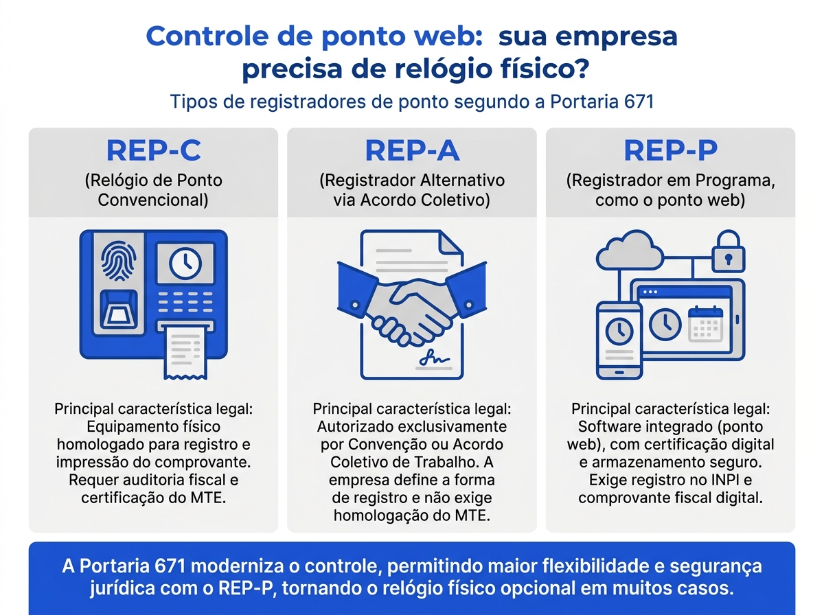 Infográfico comparativo dos tipos de registradores de ponto REP-C, REP-A e REP-P segundo a Portaria 671.