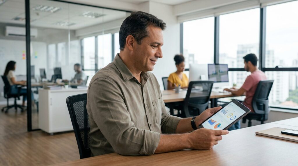Foto realista de um empresário em seu escritório moderno analisando o painel de controle de jornada em um tablet, com uma expressão de tranquilidade e segurança. Ao fundo, um ambiente corporativo organizado e bem iluminado, sem elementos de texto ou gráficos na tela. Alt: Empresário analisando dados de jornada de trabalho em um tablet no escritório.