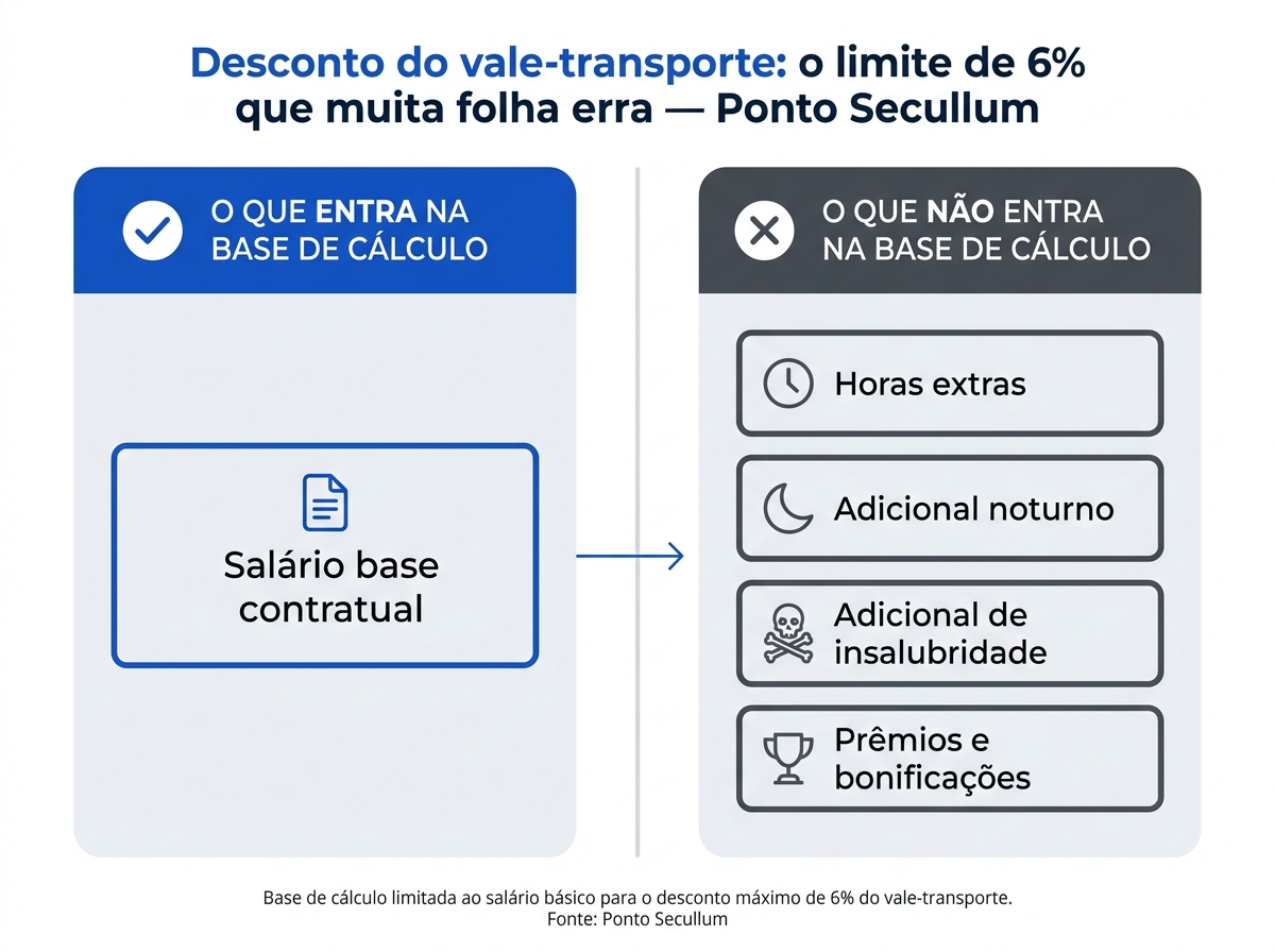 Infográfico comparativo sobre a base de cálculo para o desconto do vale-transporte.