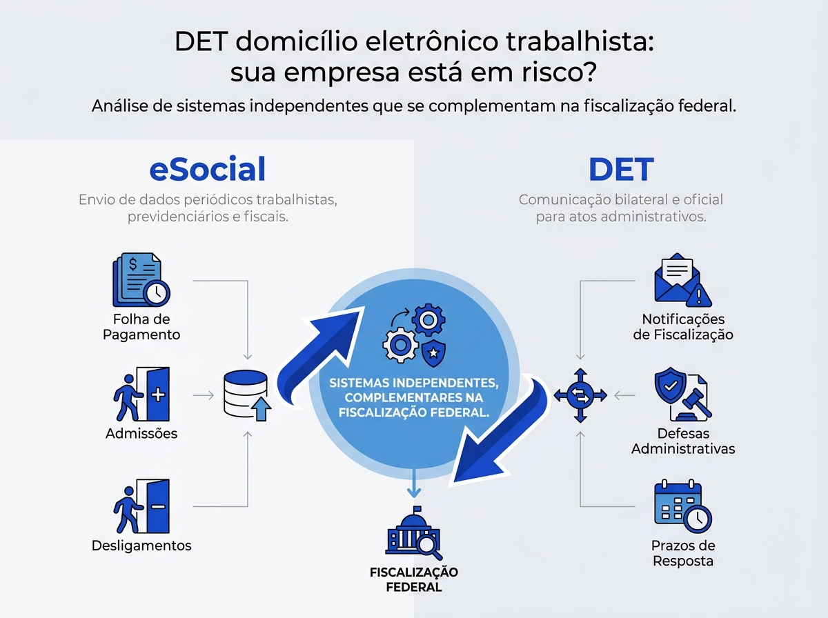 Infográfico comparativo mostrando as diferenças de funções entre o eSocial e o DET domicílio eletrônico trabalhista