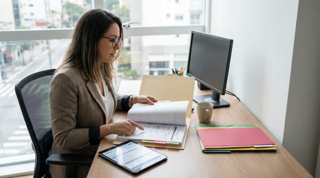 Profissional de DP organizando documentos para admissão de funcionário em uma mesa de trabalho limpa.