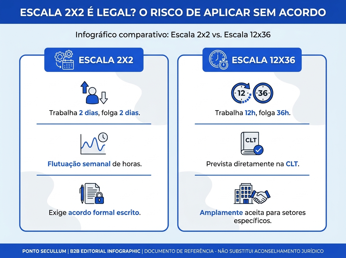 Infográfico comparando as regras da escala 2x2 e da jornada 12x36.