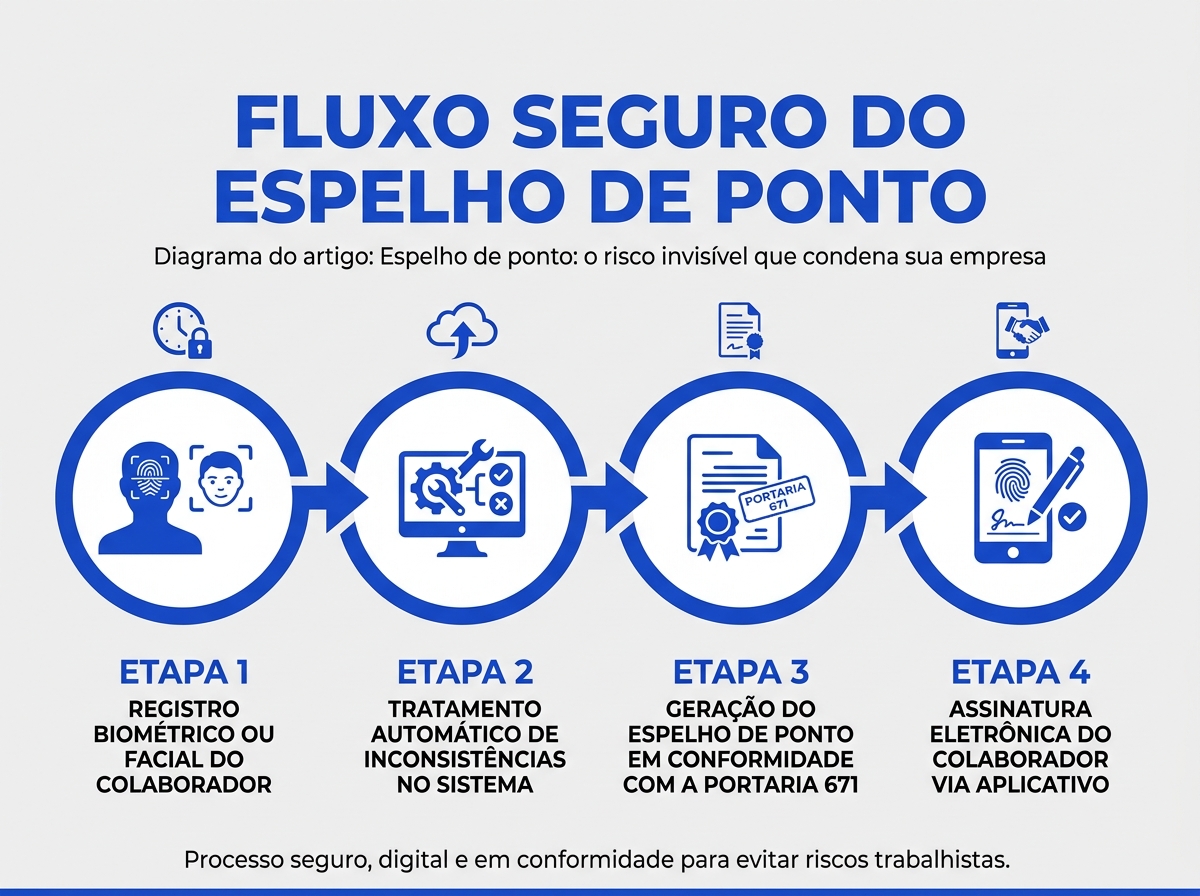 Infográfico do fluxo seguro de geração e assinatura do espelho de ponto eletrônico.