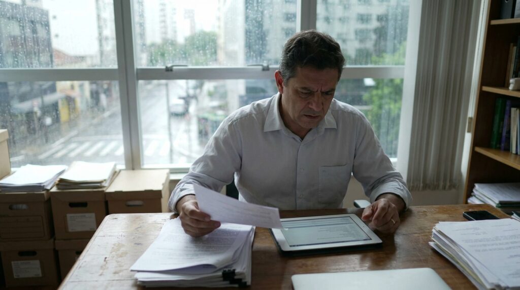 Foto realista de um empresário de meia-idade em seu escritório, com expressão de preocupação, analisando uma pilha de relatórios impressos e um tablet sobre a mesa de madeira. A iluminação é natural, vinda de uma janela ao fundo, transmitindo um clima de seriedade e foco na resolução de problemas de conformidade. Sem textos ou gráficos na imagem. Alt: Empresário preocupado analisando relatórios de espelho de ponto em seu escritório.