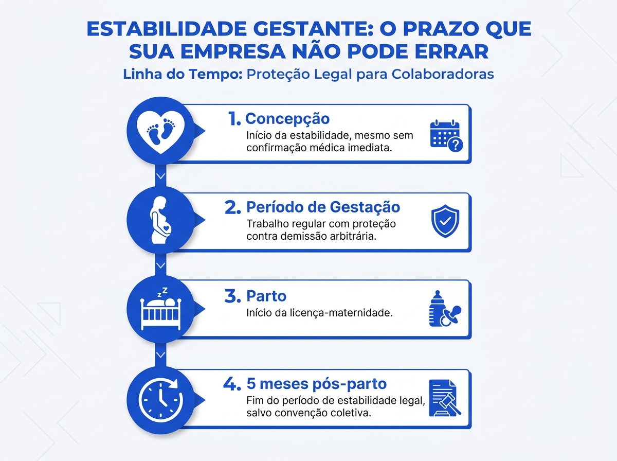 Linha do tempo explicativa do período de estabilidade gestante desde a concepção até cinco meses após o parto.