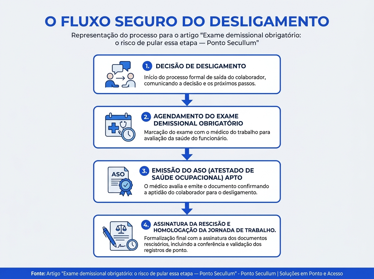 Infográfico mostrando o fluxo correto do desligamento com exame demissional obrigatório.