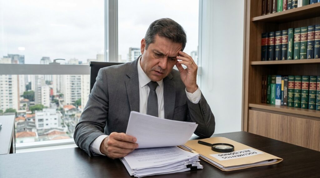 Empresário preocupado analisando documentos de rescisão contratual e pensando no exame demissional obrigatório.