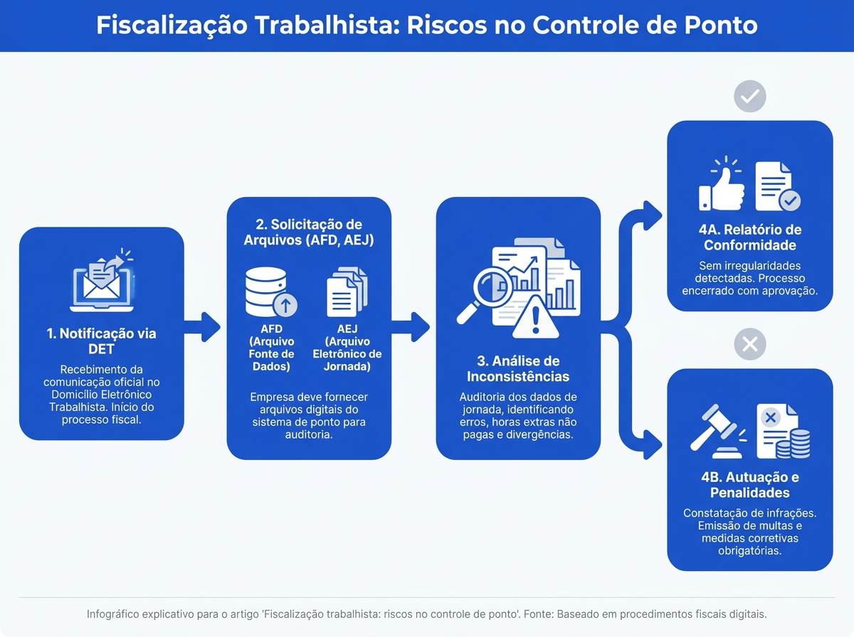 Infográfico do fluxo de fiscalização trabalhista digital de ponto eletrônico.