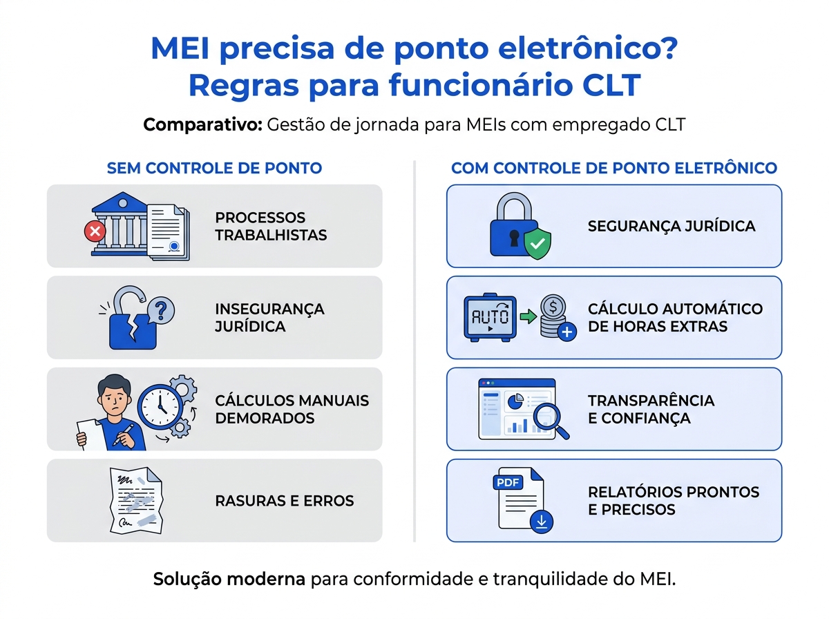 Infográfico comparativo entre ter e não ter controle de ponto eletrônico no MEI