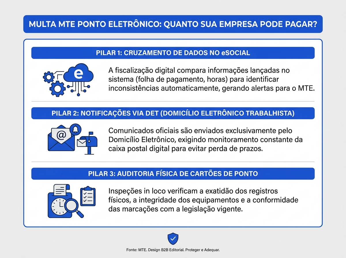 Infográfico sobre os pilares de fiscalização do Ministério do Trabalho.