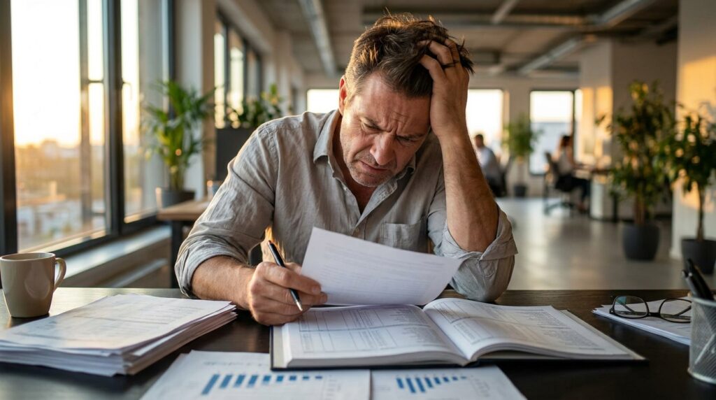 Empresário preocupado analisando relatórios de jornada de trabalho em seu escritório para adequação à NR-1.