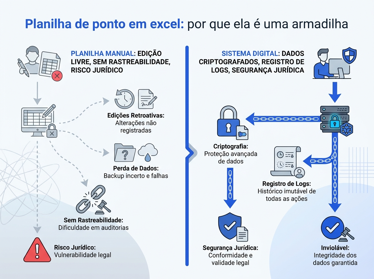Infográfico comparativo entre a falta de segurança da planilha de ponto e a proteção jurídica do sistema digital.