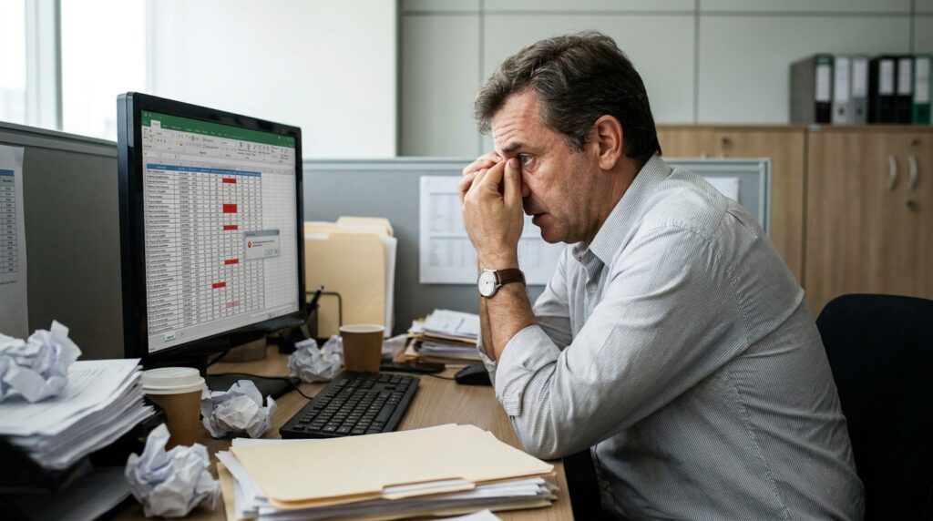 Foto realista de um empresário preocupado em seu escritório, analisando uma planilha complexa cheia de erros na tela do computador, com papéis acumulados na mesa, transmitindo a sensação de sobrecarga e risco operacional.