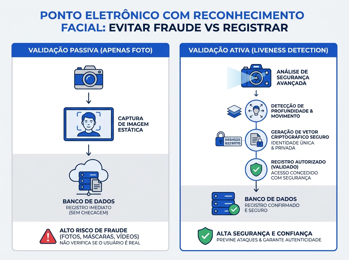 Infográfico comparando validação passiva e ativa no ponto eletrônico com reconhecimento facial.