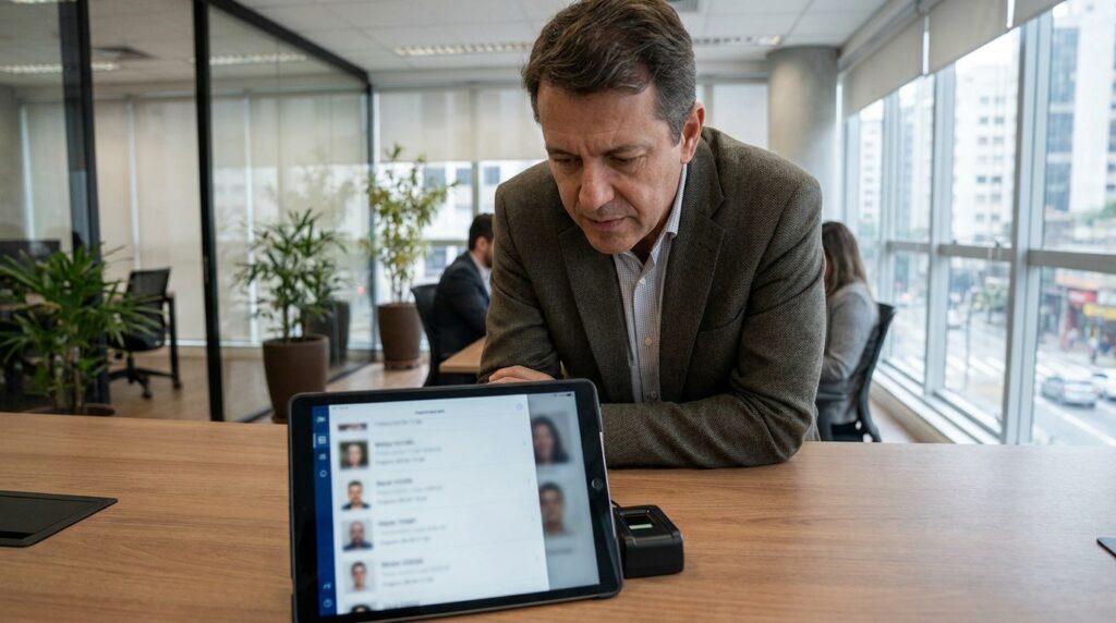 Empresário analisa marcações seguras em ponto eletrônico com reconhecimento facial para evitar fraudes trabalhistas.