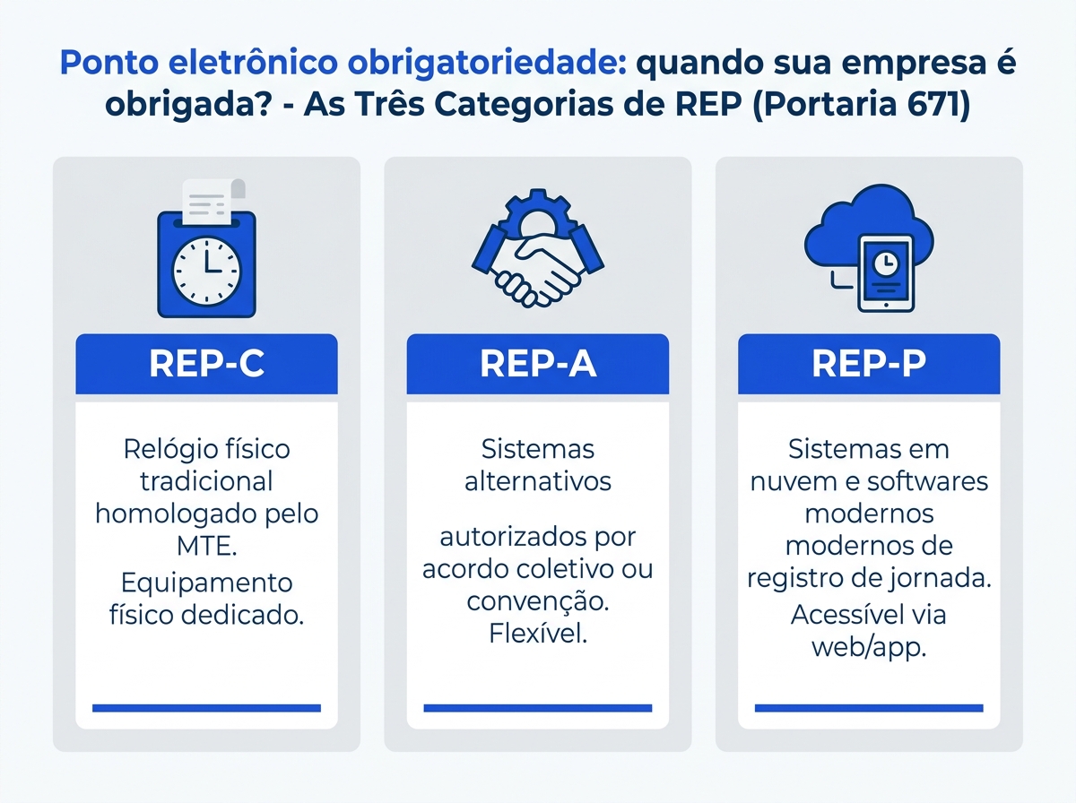 Infográfico explicativo sobre os tipos de ponto eletrônico REP-C, REP-A e REP-P conforme a Portaria 671 do MTE