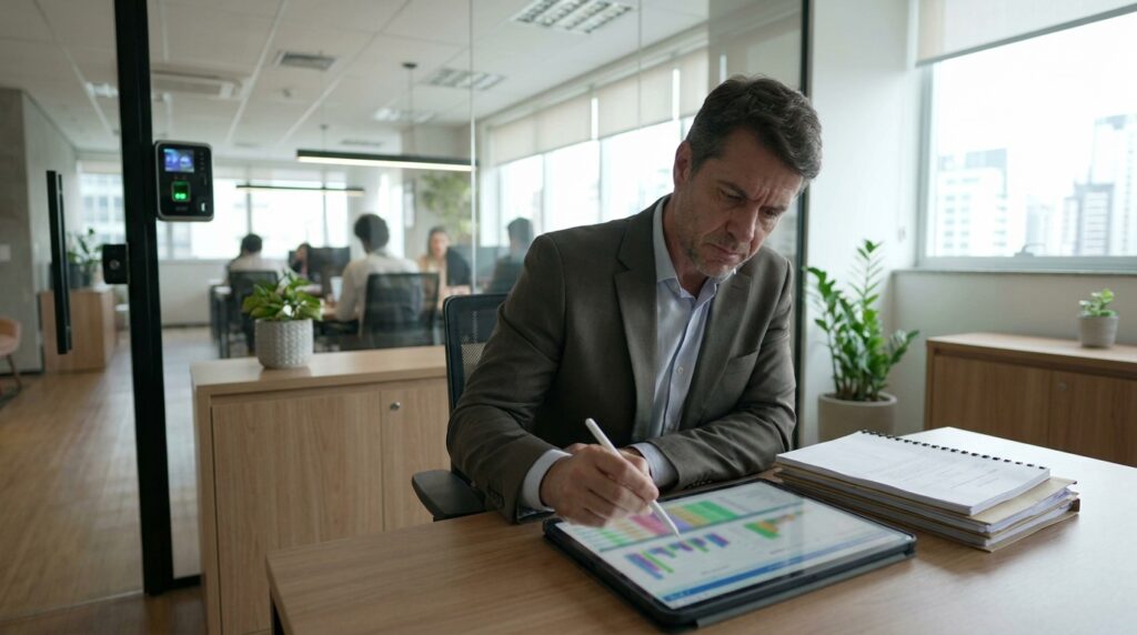 Foto realista de um empresário em seu escritório analisando relatórios financeiros e de pessoal em um tablet, com uma expressão de foco e prevenção de riscos. O ambiente é moderno, bem iluminado, transmitindo profissionalismo e segurança jurídica. Sem textos, gráficos ou telas com dados legíveis na imagem.