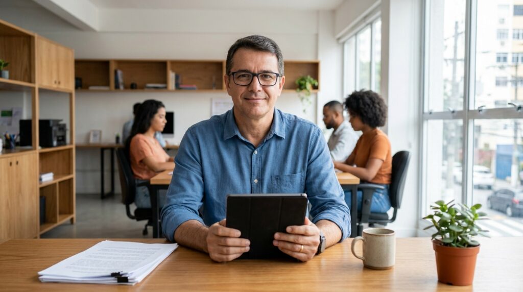 Foto realista de um empresário de uma pequena empresa, em seu escritório organizado, analisando relatórios financeiros em um tablet com expressão de tranquilidade e segurança. Ao fundo, um ambiente de trabalho moderno e acolhedor de uma PME. Sem textos, gráficos ou telas com números legíveis.