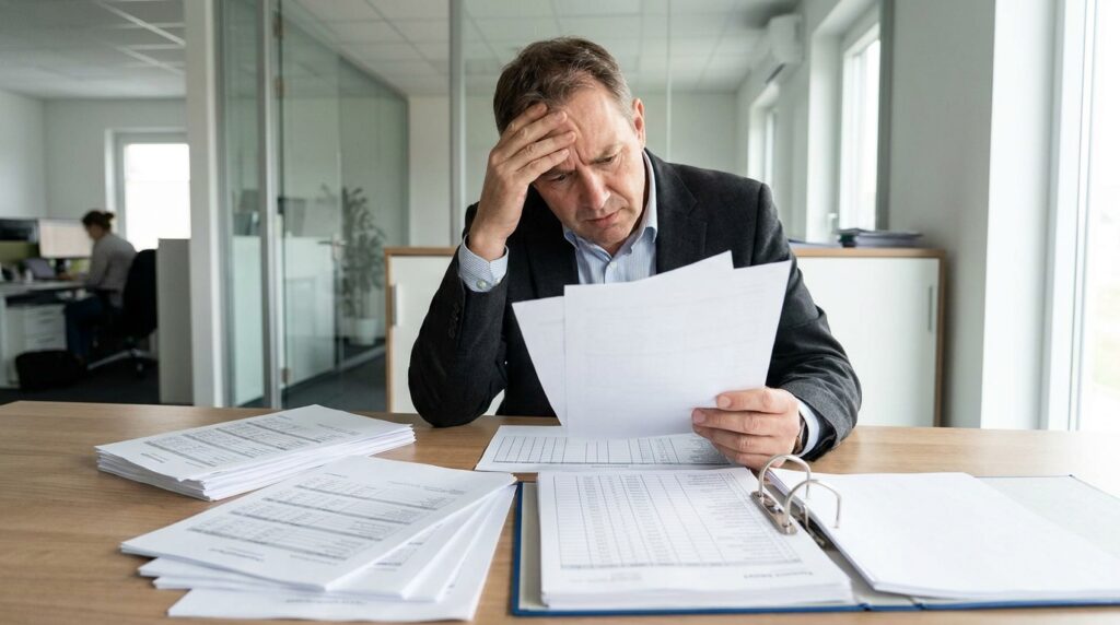 Foto realista de um empresário de meia-idade, com expressão de preocupação, analisando documentos impressos e relatórios de jornada sobre uma mesa de madeira em seu escritório. Ao fundo, um ambiente corporativo moderno e organizado, mas com foco na papelada que ele segura, simbolizando a busca por provas e a gestão de riscos trabalhistas. Sem textos ou gráficos na imagem.
