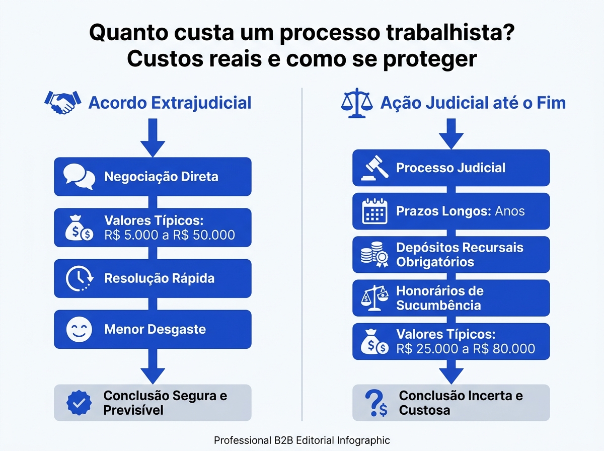 Infográfico comparativo mostrando os custos de um acordo trabalhista versus uma ação judicial completa.