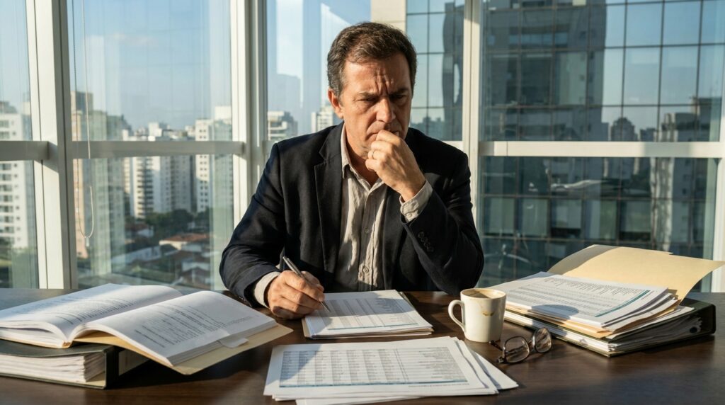 Empresário preocupado analisando custos e documentos financeiros em sua mesa de escritório.