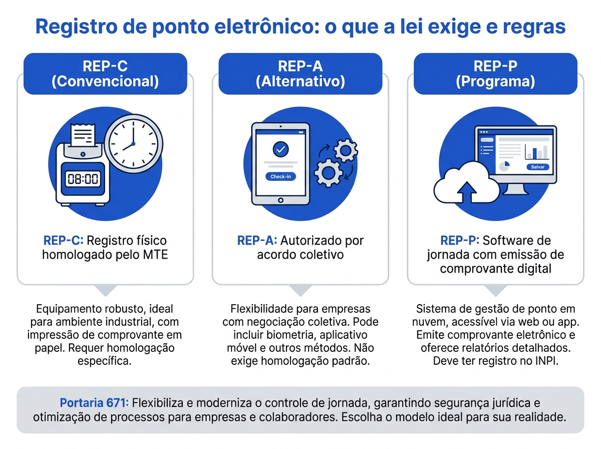 Infográfico explicativo dos tipos de REP-C, REP-A e REP-P conforme a Portaria 671 do Ministério do Trabalho.
