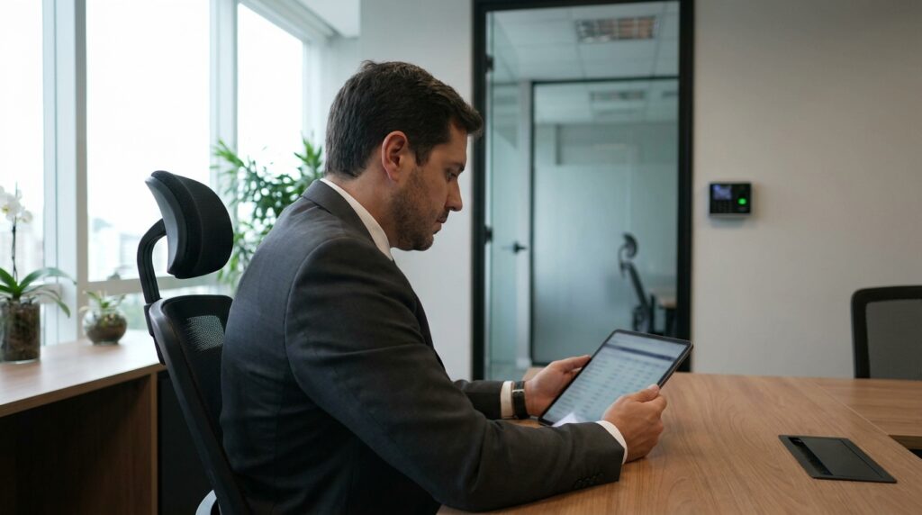 Foto realista de um empresário em seu escritório analisando relatórios de jornada em um tablet, com um relógio de ponto digital discretamente instalado ao fundo na parede de entrada. Ambiente corporativo moderno, iluminação natural, transmitindo segurança e conformidade jurídica. Sem textos ou gráficos sobrepostos.