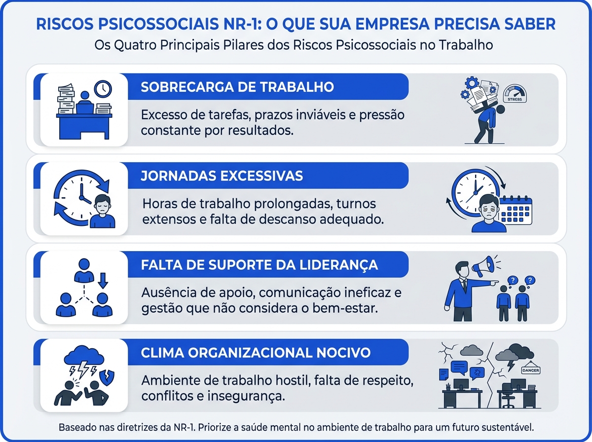Infográfico detalhando os quatro pilares dos riscos psicossociais no ambiente corporativo.