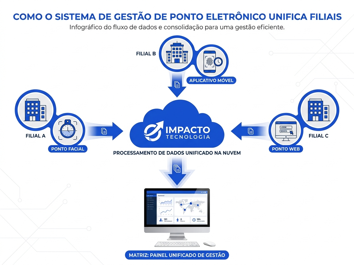 Infográfico do fluxo de dados de ponto eletrônico centralizado da matriz e filiais