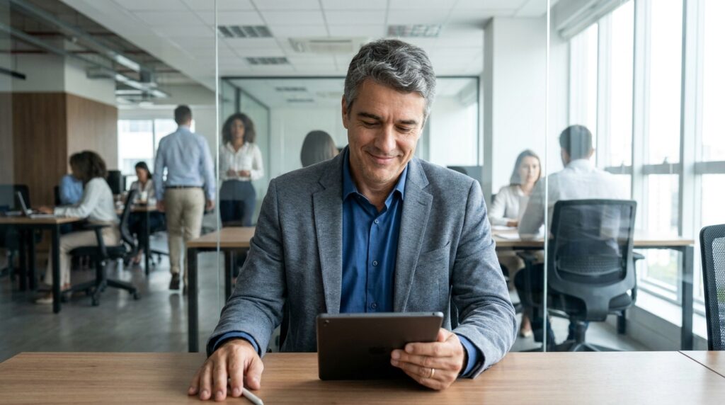 Foto realista de um empresário de meia-idade em seu escritório moderno, analisando dados em um tablet com expressão de alívio e controle. Ao fundo, através de uma divisória de vidro, vê-se um ambiente corporativo organizado e dinâmico. A iluminação é natural e profissional, transmitindo segurança, liderança e conformidade jurídica. Sem textos ou gráficos sobrepostos.