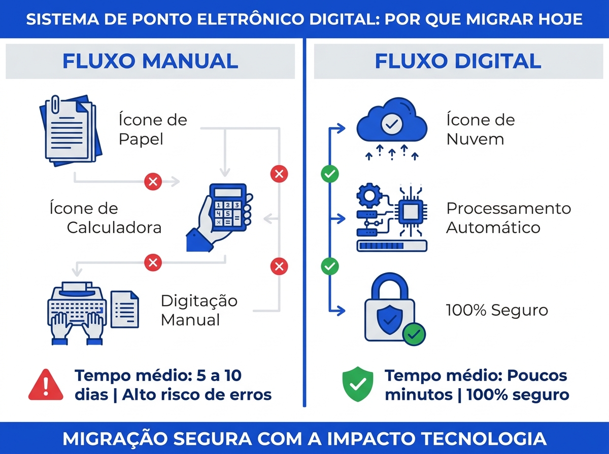Infográfico comparativo entre o fluxo de fechamento de folha manual e o digital.
